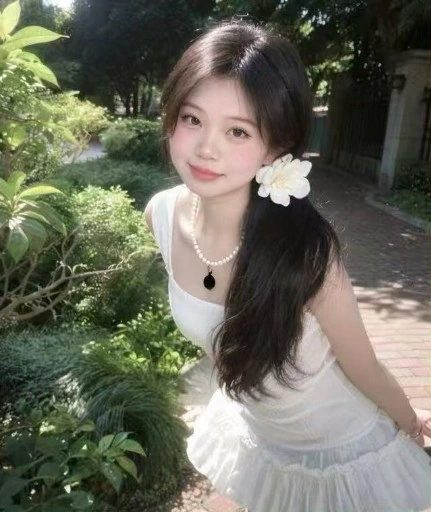 安安在绿荫中佩戴白花的个人照片
